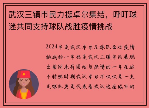 武汉三镇市民力挺卓尔集结，呼吁球迷共同支持球队战胜疫情挑战