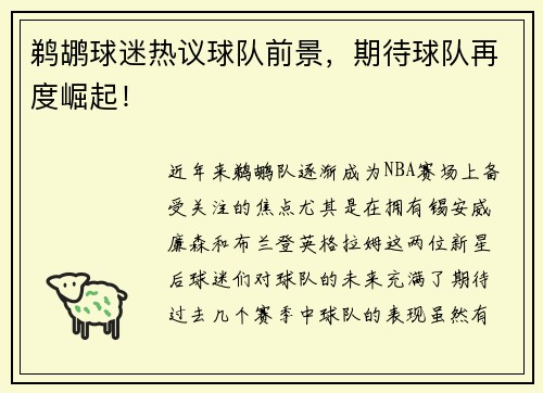鹈鹕球迷热议球队前景，期待球队再度崛起！