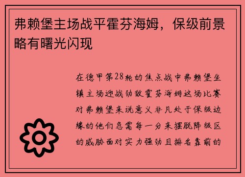 弗赖堡主场战平霍芬海姆，保级前景略有曙光闪现