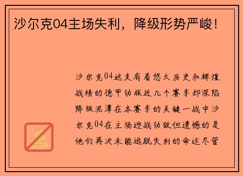 沙尔克04主场失利，降级形势严峻！
